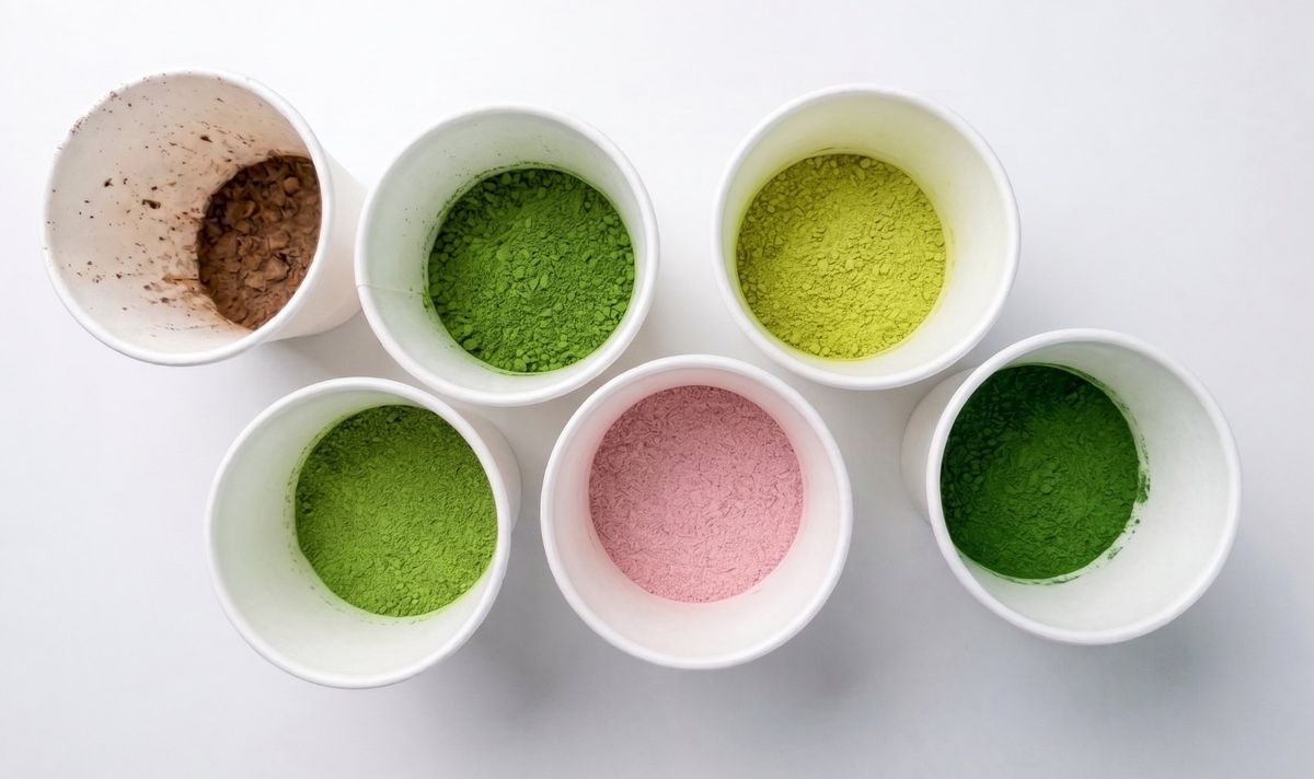 Srovnání odstínů a jemnosti mletí u šesti vzorků: mletý černý čaj, potravinářská a baristická matcha, ceremoniální matcha a prášek ube